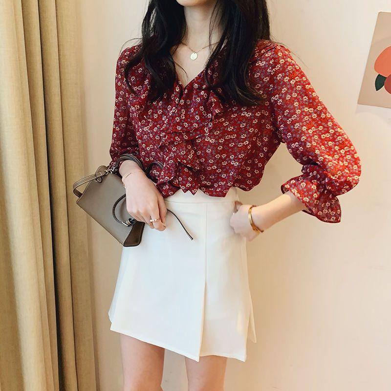 Květinová šifonová halenka Dámská s výstřihem do V Nadměrná velikost Volná spodní košile