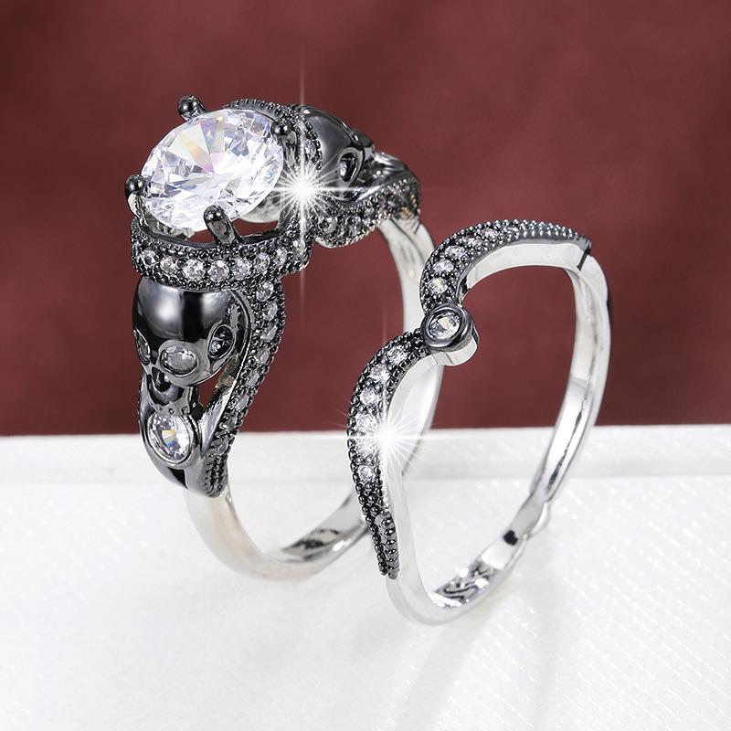 Retro Skull Set: Four-Prong Cubic Zirconia Double Rings, Pure Copper Stackable Jewelry