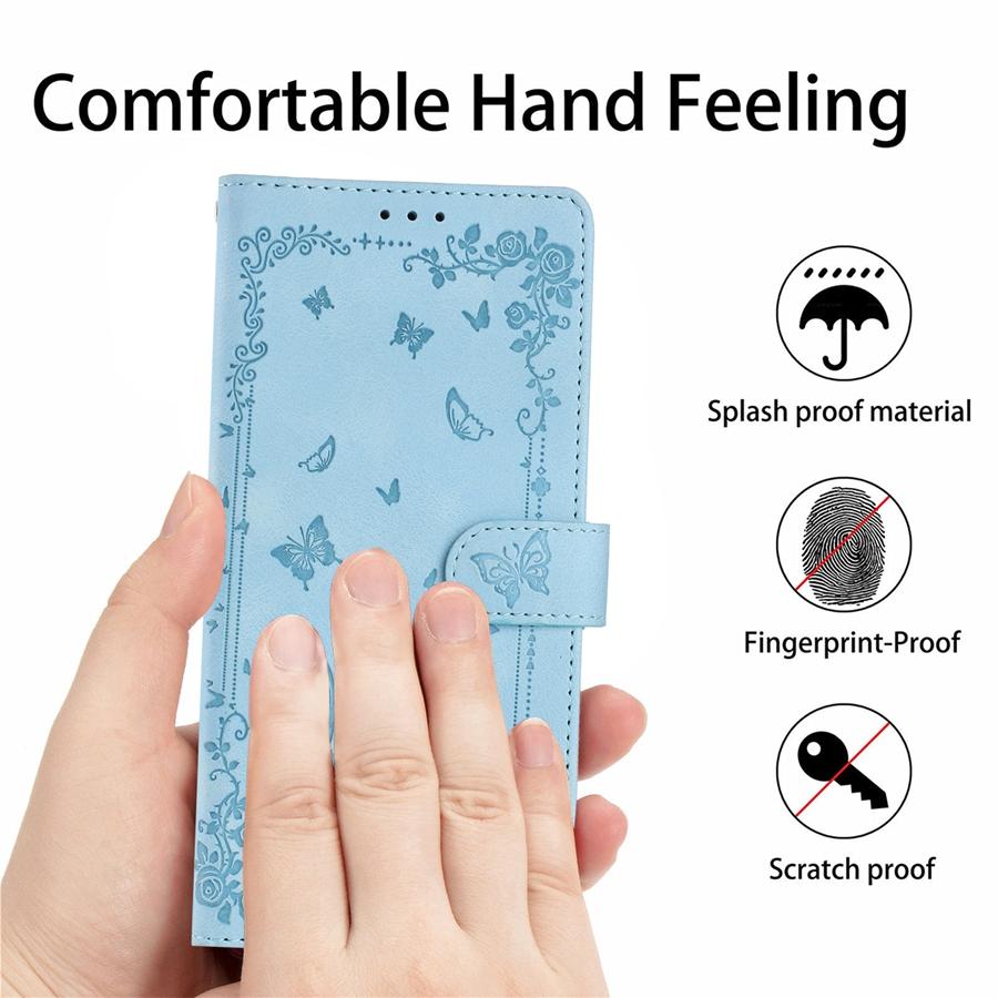 Retro Embossed Flower and Butterfly Phone Case for iPhone 17 16 15 Skin Feel PU Leather Card Slots Wallet Case with Wristband for Samsung S25 S24 S23