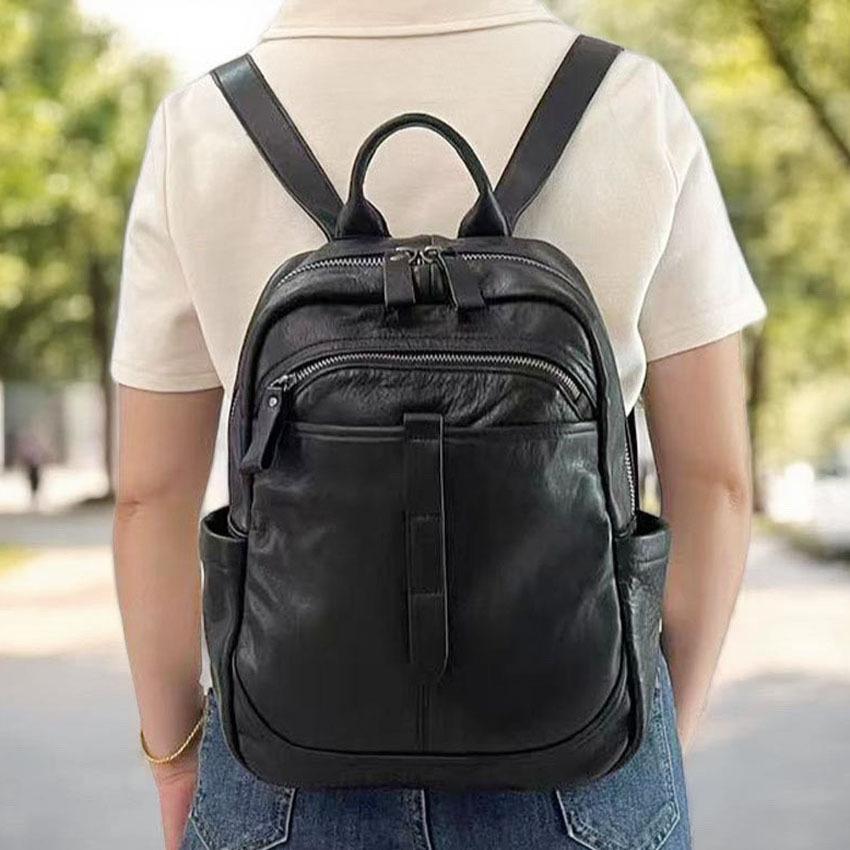 Women'S Leather Backpack Black High Quality Cowhide Backpack Trendy Versatile Soft Leather Large Capacity Women'S Bag