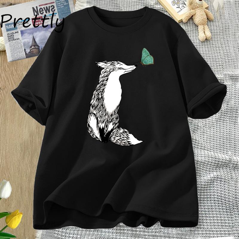 Fox and Butterfly T Shirt Cotton Graphic Tee Soft Fitted T Shirts for Women Printed Cotton Short Sleeve Harajuku Tees Clothing