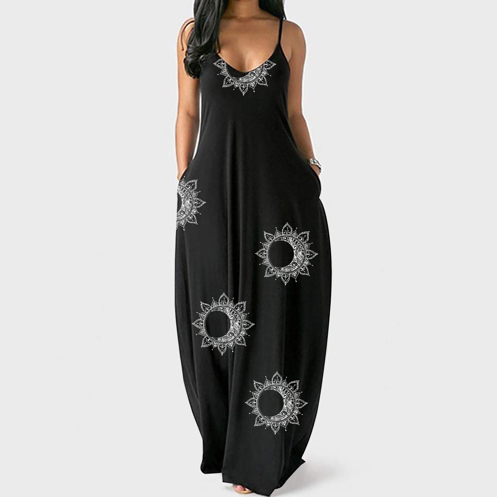 

Women Fashion Large Size Print Sexy Deep V Sling Long Skirt Casual Dress XL білий