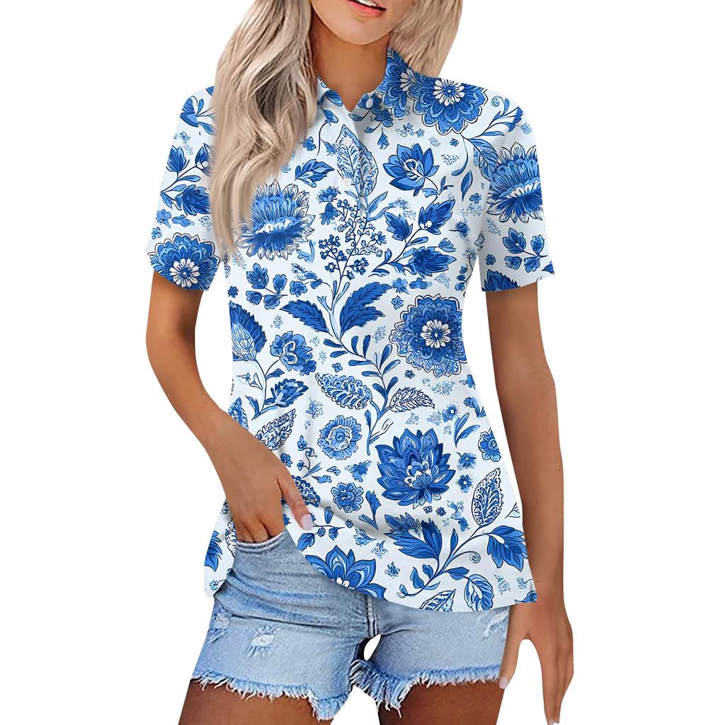 Damenmode Casual Revers Kurzarm Bedrucktes Hemd Damen Button Up Tops