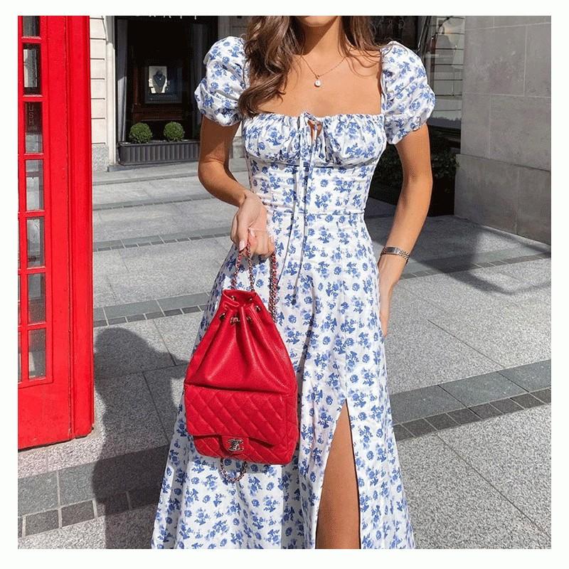 French Floral Print Sleeveless Midi Dress With Side Slits For Summer Casual Women