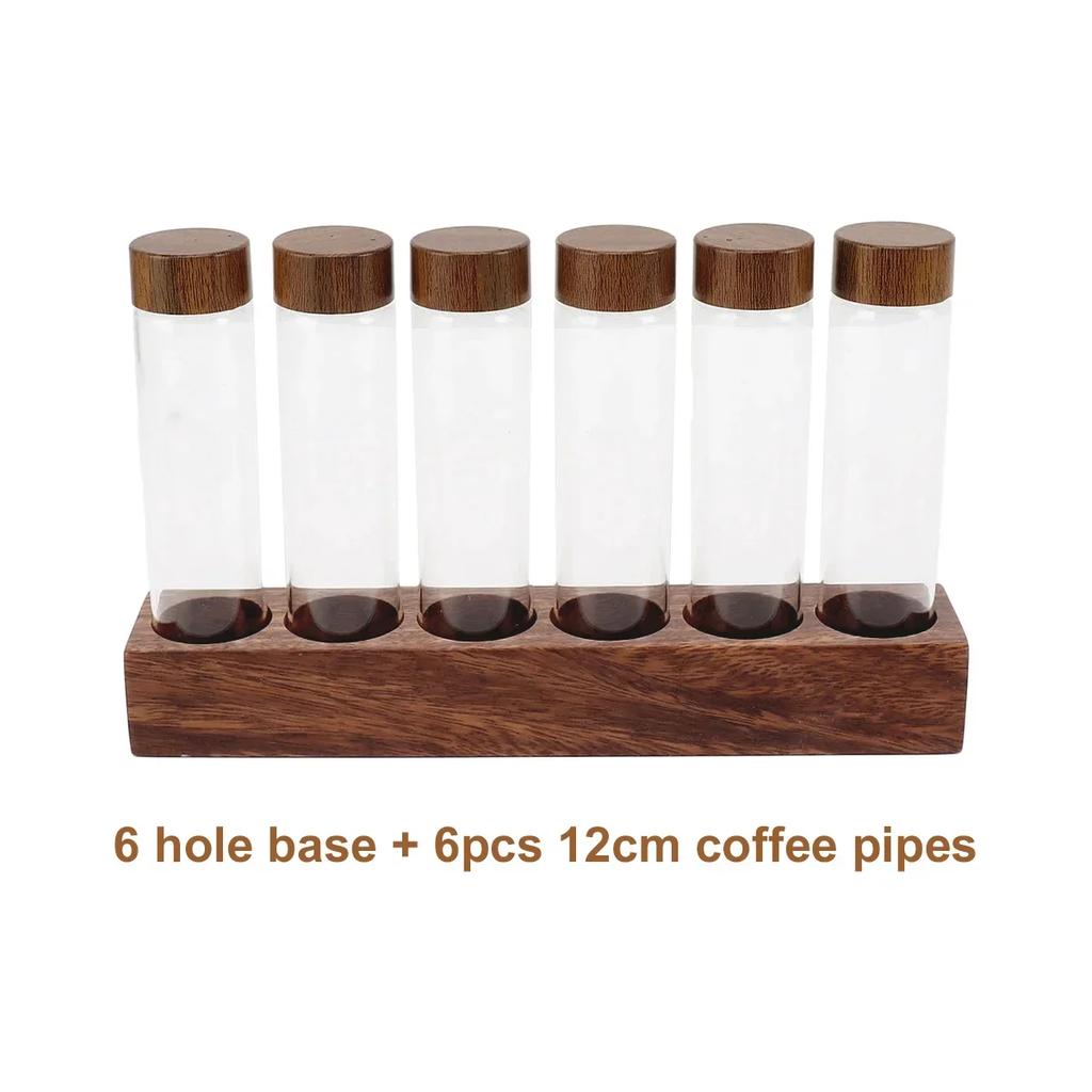 Coffee Bean Storage Tubes with Wooden Stand and Lids, Dosing Glass Vials for Coffee Storage, Espresso Bean Canisters Cellars Set
