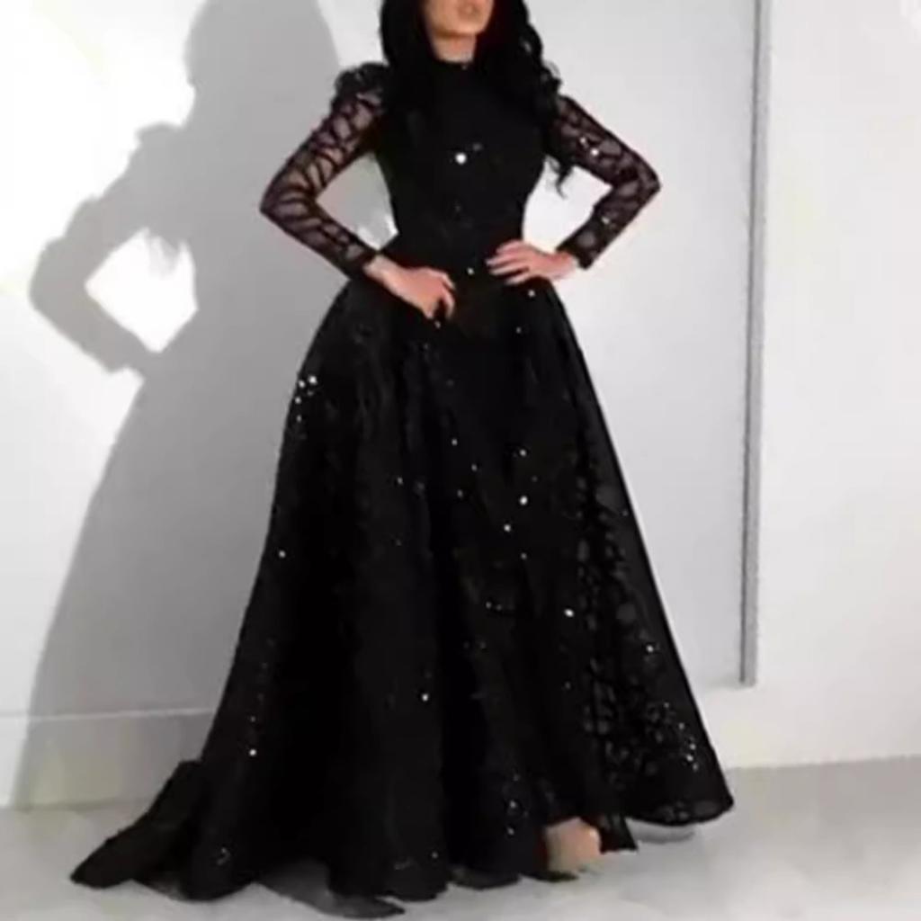 Spring Summer New European American Style Women's Long Sleeve Sequined Big Hem Evening Gown Formal Dress