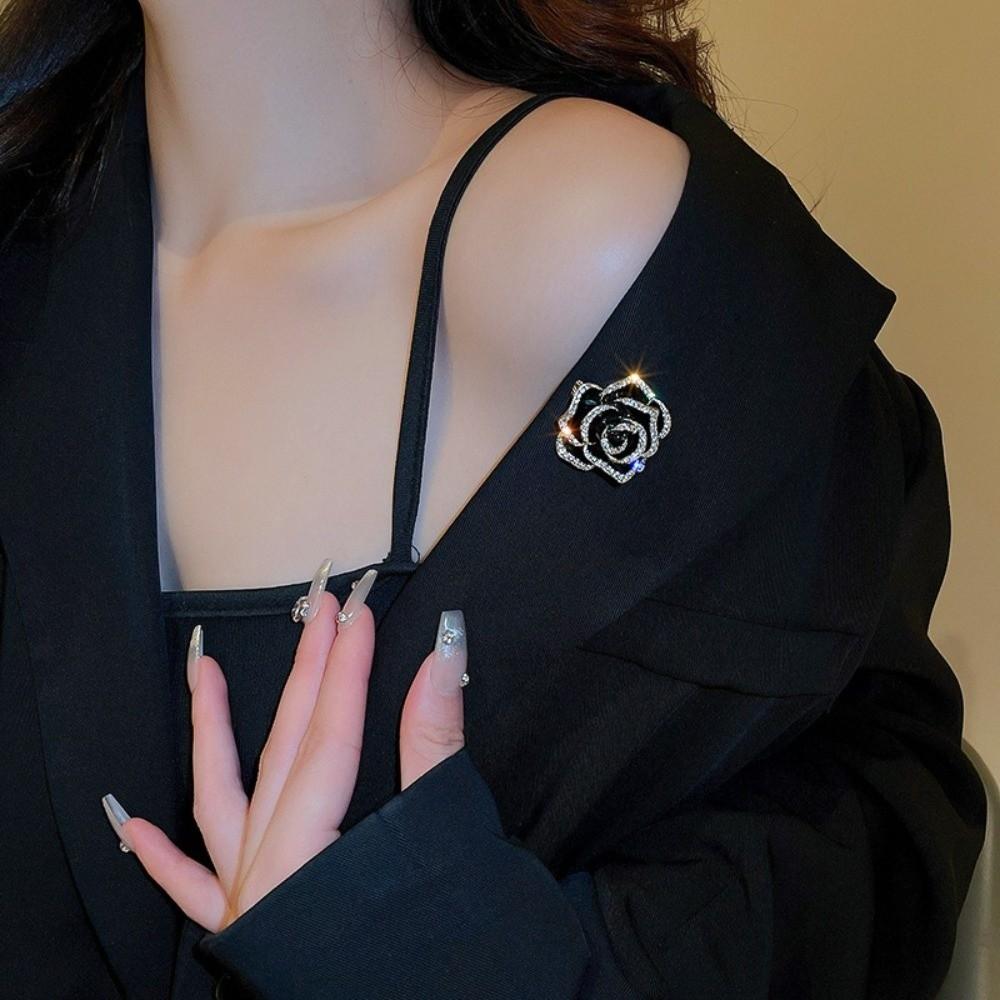 Silver Camellia Necklace Black Women Long Necklace Sweater Chain Clavicle Chain  Women