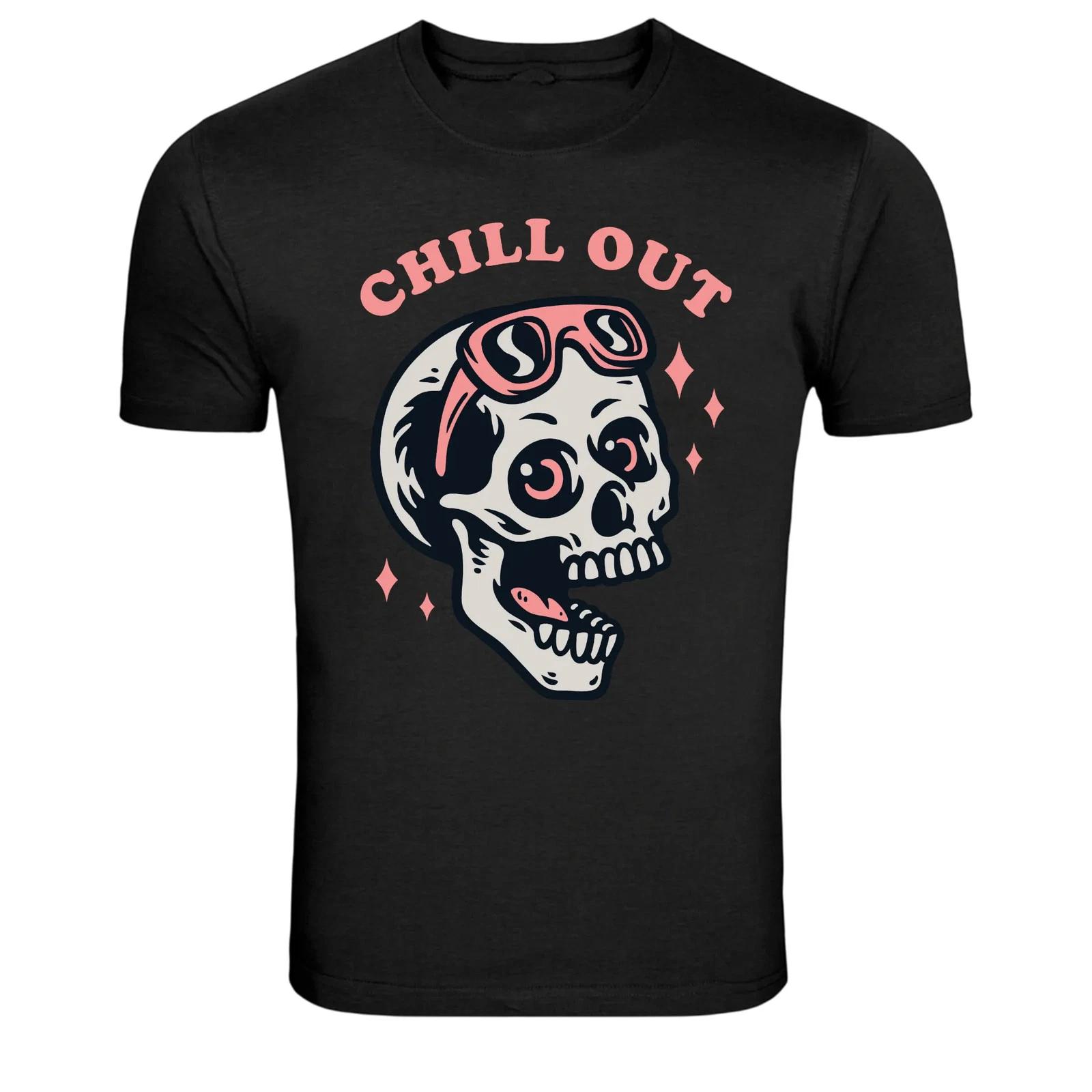 Chill Out Skull With Goggles Cartoon Graphic T-Shirt L