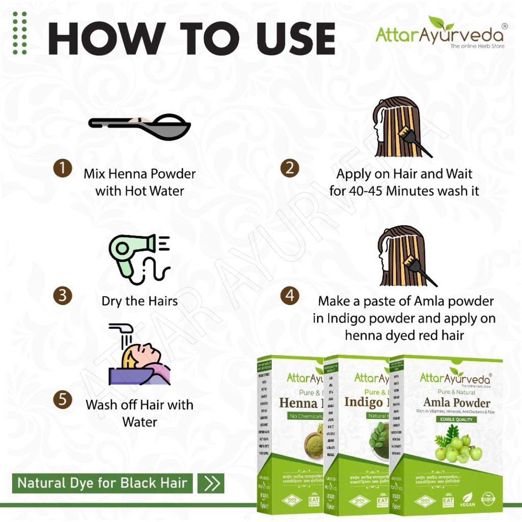 Attar Ayurveda Henna ,Indigo, Amla Hair Powder Combo 650g Natural Hair Coloring Treatment