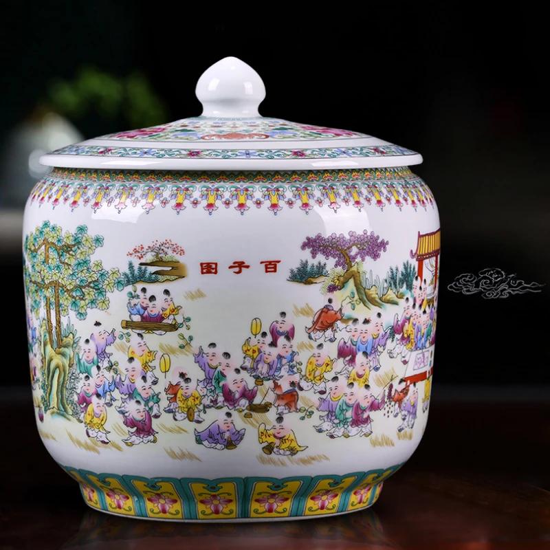 Jingdezhen Ceramic Enamel Tea Jar with Lid Antique Style Sealed Storage Utensils for Pu'er Tea Household Kitchen Caddy