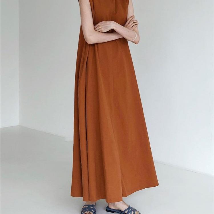 Korean Chic Pumpkin-Colored Sleeveless Cotton Linen Swing Dress