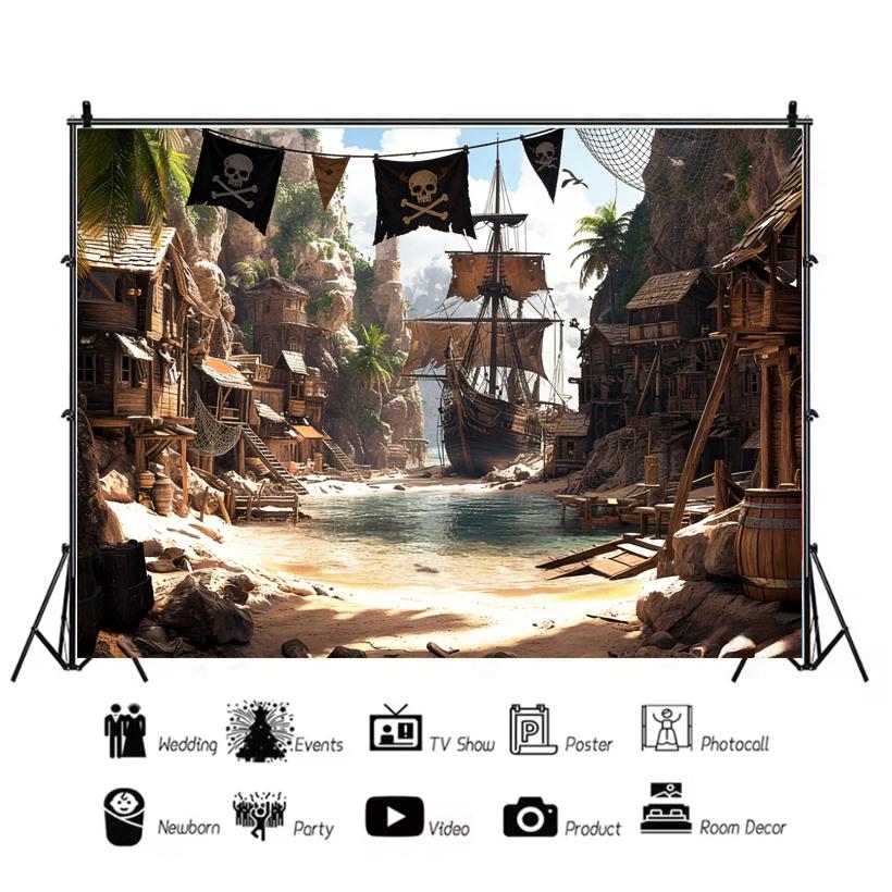 Pirate ship themed backdrop, world map of old treasure, children's birthday party decoration banner, supplies3289