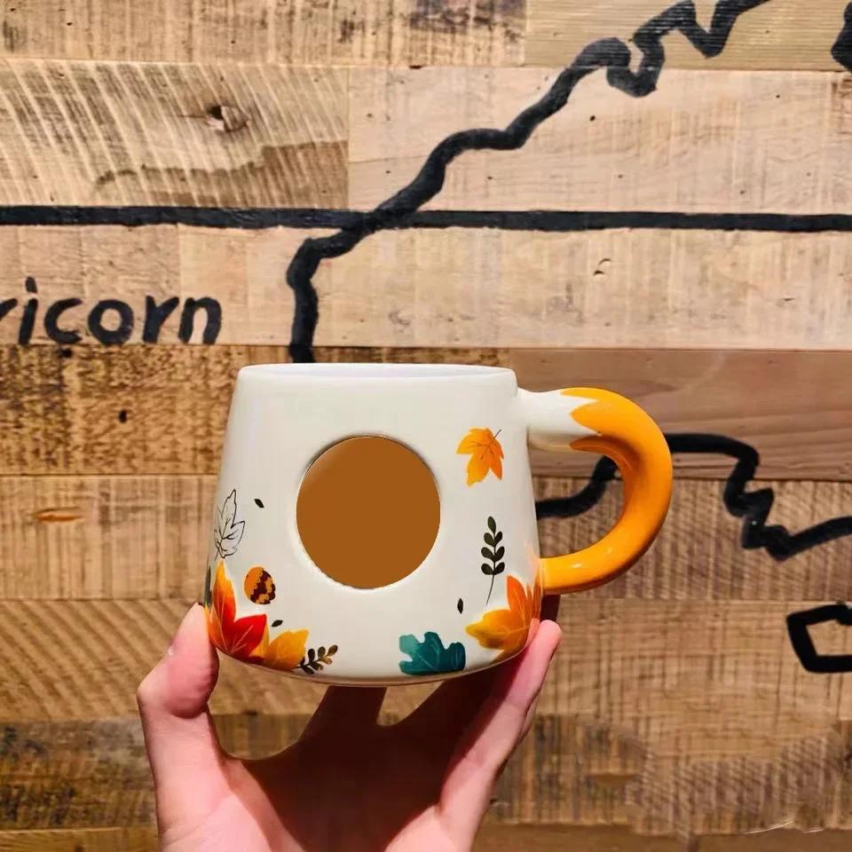 New autumn cute maple leaf forest autumn rabbit cute fox squirrel acorn ceramic mug cup set coffee mug with lid fall mug 301-400ml