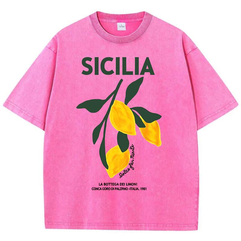 

Amalfi Coast Italia Lemon Fruit Design Women Washed T-Shirts Y2K Casual T Shirt Summer Top Cotton Loose Short Sleeve S