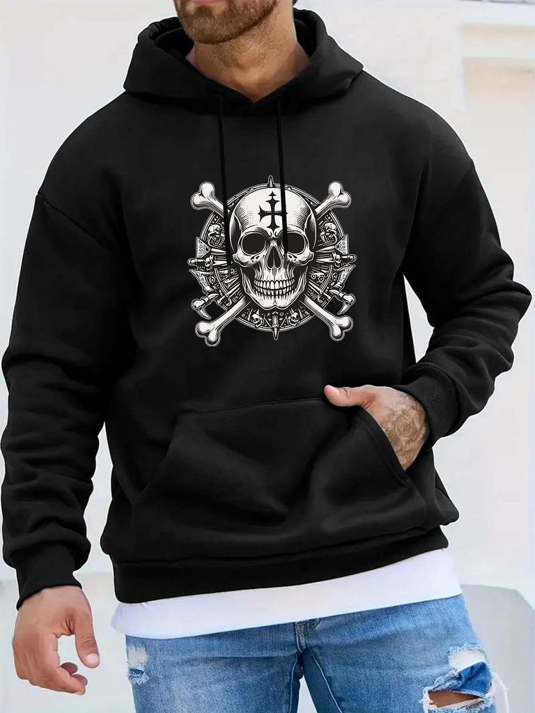 Skull Cross Pirate Themed Graphic Print Streetwear Hoodie, unisex Casual Sporty Outdoor Long Sleeve Sweatshirt, Autumn/Winter Top