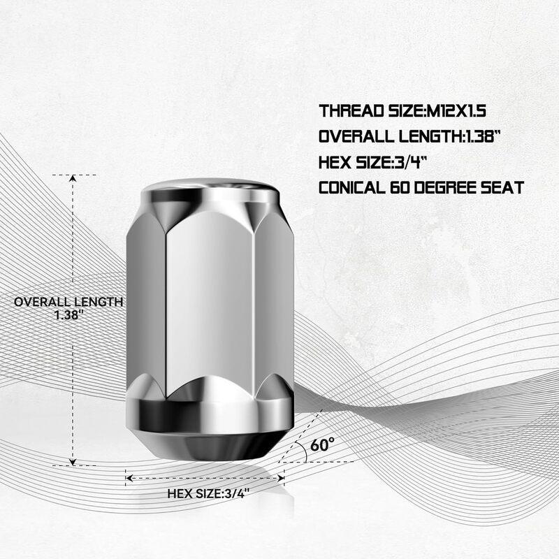 12x1.5 Wheel Lug Nuts, 20PCS M12x1.5 3/4'' (19mm) Hex 1.38 Inch Tall Closed End Bulge Style Cone Seat Lug Nut
