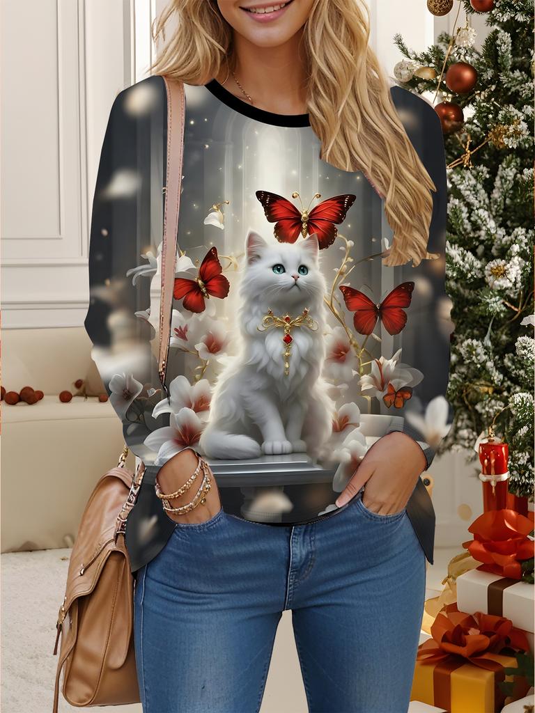 Tops for Women  3D Print  Round Neck Long Sleeve T-shirt Fall Casual Slim Pullover Women's Long Sleeve Top