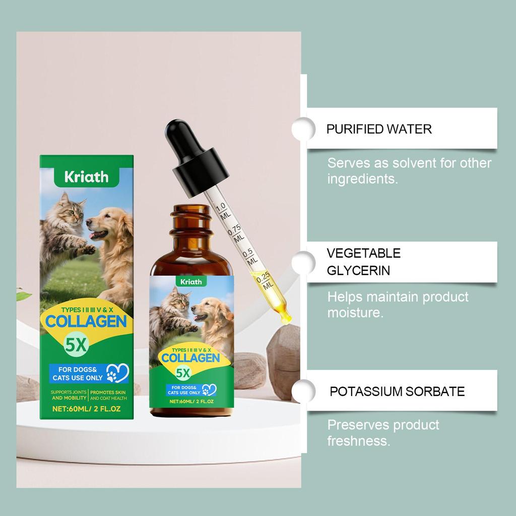 Kriath Pet Collagen Drops 60ml, Cats & Dogs. Joint Care, Skin Health, Coat Health, Gut Health, Immune System Boosting for Pets.