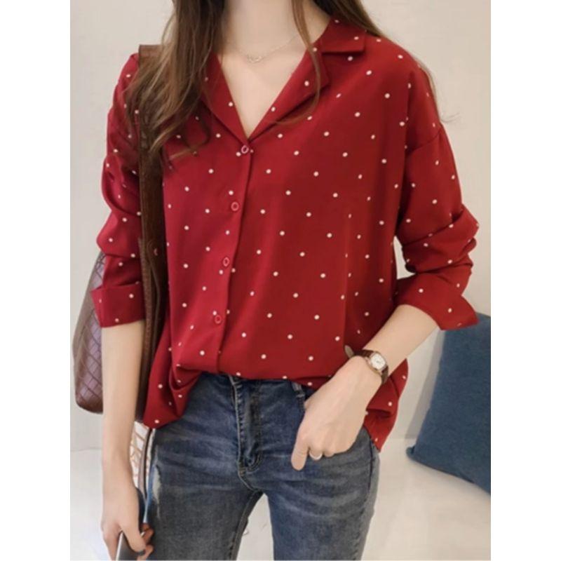 K-style Spring & Fall Hong Kong Fashion Suit Collar Polka Dot Dots Print Single Breasted Long Sleeve Shirt Top Solid Color Shirt