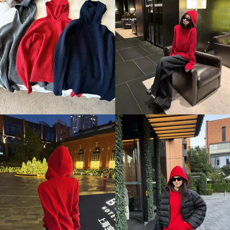 Women's Red Wool Hoodie - Zodiac Year of the Horse, New Year's Eve Edition, Autumn/Winter Knit Sweater