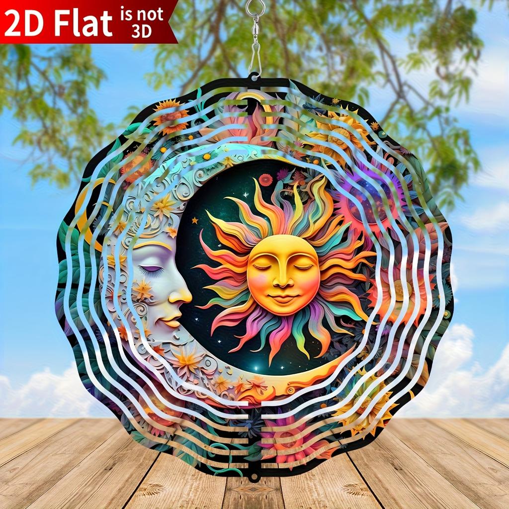 Moon & Sun Wind Spinner. Round Kinetic Metal Art for Indoor/outdoor Holiday Gifting.