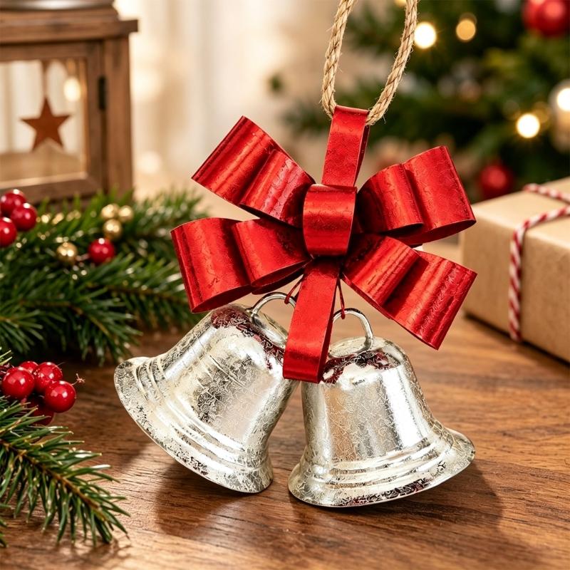 Three-Dimensional Metal Christmas Bowknot Decoration with 2 Iron Bells and Top Hanging Loop for Storefronts and Hotel Lobbies