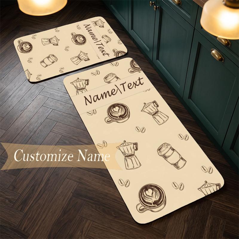 Cozy Coffee (5) Customize Name Flannel Kitchen Mat Soft Non-Slip Kitchen Floor Runner Rug for Home Kitchen Decor