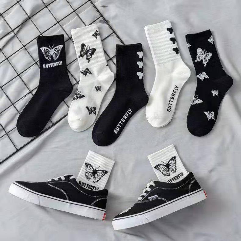 Butterfly Women's Spring Mid-Calf Black & White Scrunched Socks - Trendy Street Sport Style