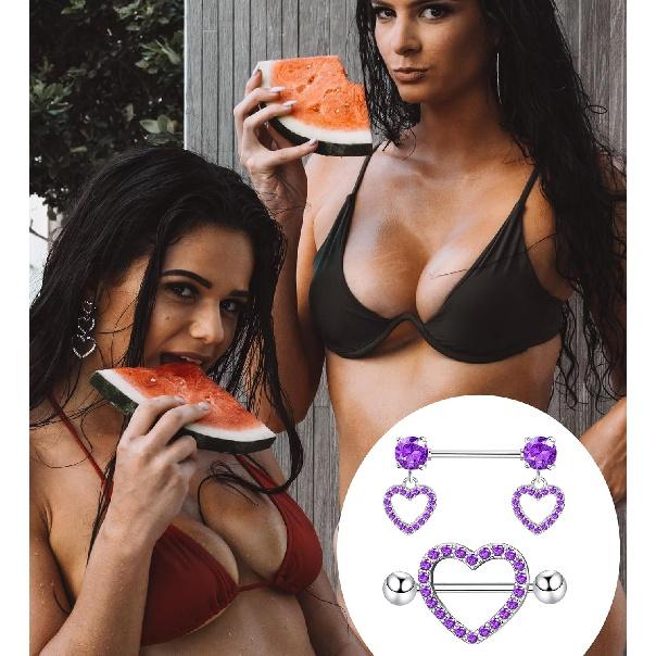 Staligue 2 Pairs Titanium Nipple Rings for Women 14G Nipple Piercing Heart CZ Barbell Body Nipple Piercing Jewelry