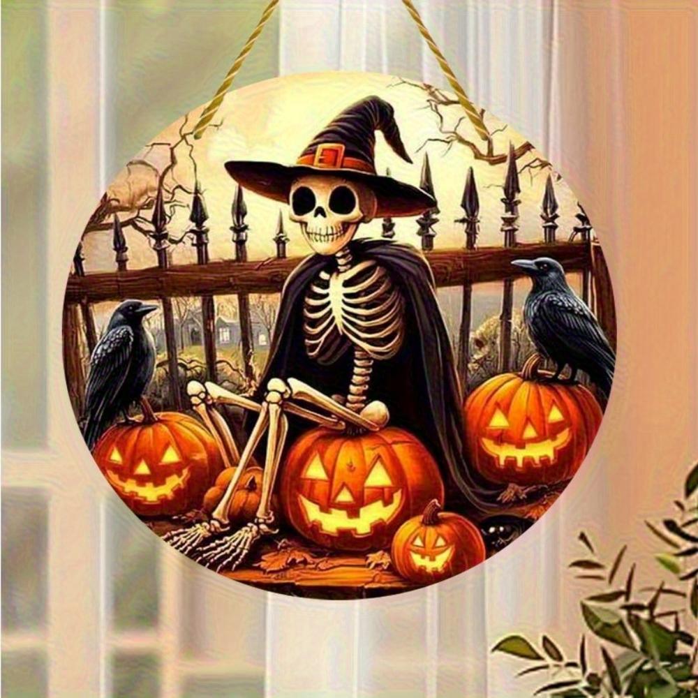 2D flat acrylic Halloween decoration - witch hat skull and pumpkin crow design, scary window decoration for home, bar, office