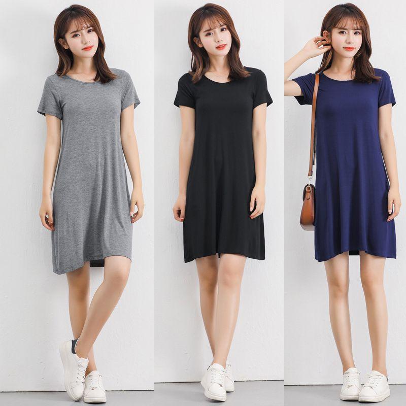 Women's Summer Short Sleeve Casual Sundress Tops Mini T-shirt Dress In Vibrant Modal