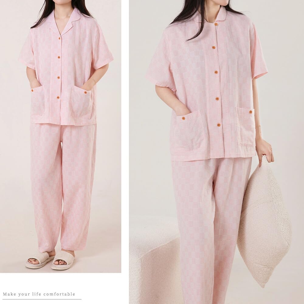 Yes Family Double Gauze Pajama Short Check Size M Women's Set, 100% Cotton, Sleeves, Pattern, Pink,