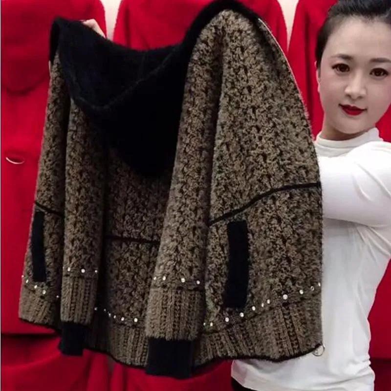 

Женский трикотажный кардиган для женщин среднего возраста, высококачественная куртка из норкового велюра, женское осенне-зимнее короткое пальто-свитер с капюшоном M дубильная кора