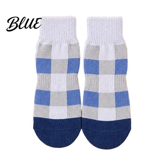 Durable Cotton Socks for Dogs 4Pcs Plaid Dog Socks Anti-Slip Pet Paw Covers with Adjustable Pattern Straps Breathable Ribbed Protectors Indoor