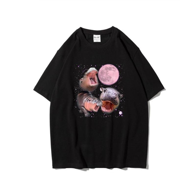 Summer Pure Cotton Short Sleeved Creative Trend Bouncing Pig Moo Deng Printed Round Neck Sports Shirt Casual Versatile T-Shirts Women’s