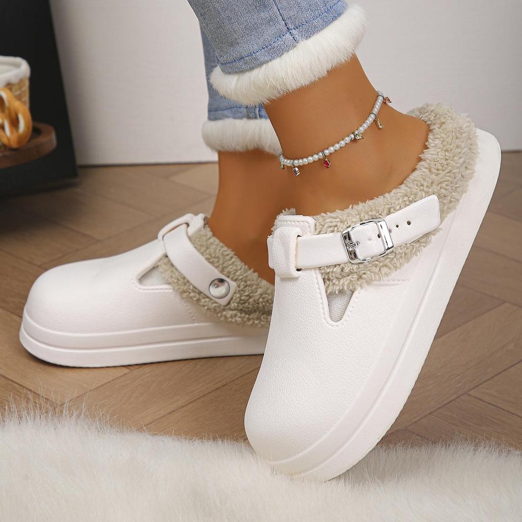 Waterproof Eva Furry Mules Slippers Women Winter Metal Buckle Warm Plush Slippers Soft Thick Bottom Non Slip Indoor Shoes(Order A Size Up)
