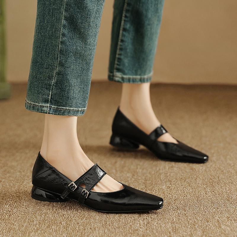 Fashion NEW Spring/Autumn Women Pumps Square Toe Low Heel Shoes Genuine Leather Shoes for Women Concise Belt Buckle Mary Janes Shoes