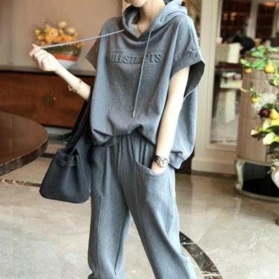 Conjunto de pantalones de chándal con capucha de manga corta holgados informales de 2 piezas de moda de verano para mujer