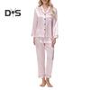 2Pcs Women Silk Satin Pajama Set Lapel Button Down Tops & Pants Set Stripe Loose Sleep Shirt & Elastic Waist Pants Loungewear Outfit