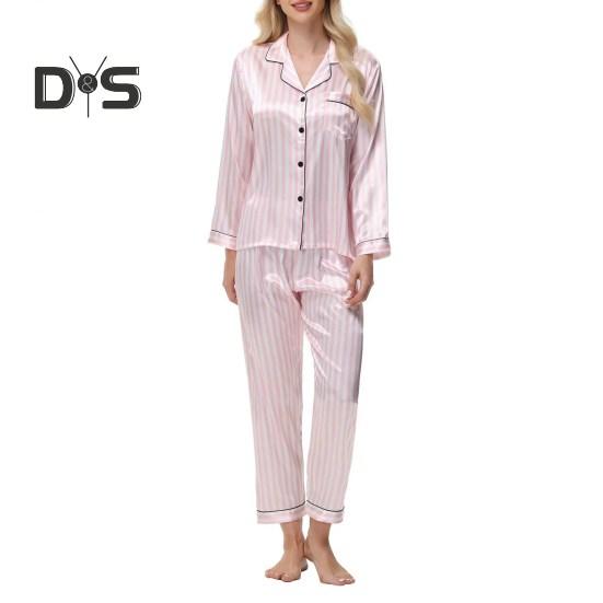 2Pcs Women Silk Satin Pajama Set Lapel Button Down Tops & Pants Set Stripe Loose Sleep Shirt & Elastic Waist Pants Loungewear Outfit
