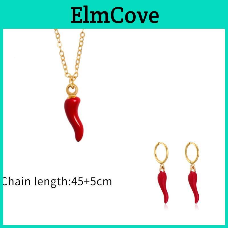 Red Filled Chili Enamel Cute Pendant Drop Earrings For Women Fashion Gold Color Chains Necklaces Jewelry Set