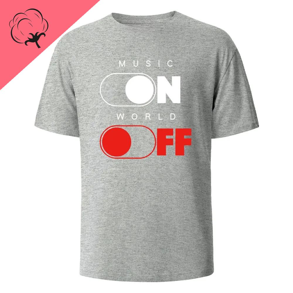 Music on World Off Graphic Printed Cotton Tshirt Breathable and Comfortable Summer Daily Round Neck Mens Wear