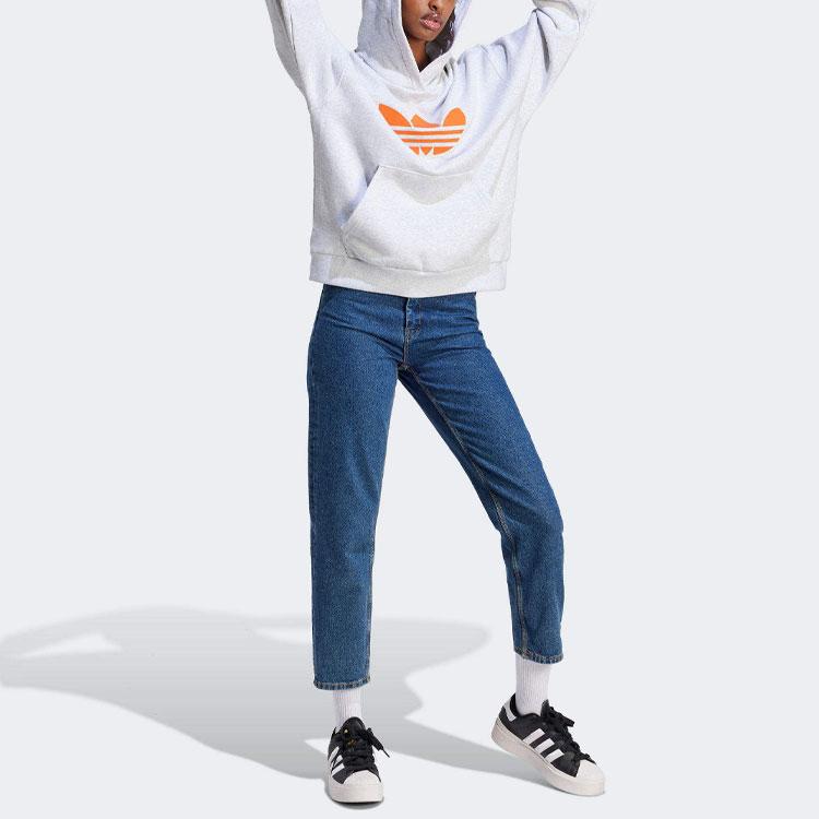 Adidas Originals Pearl Trefoil Boyfriend Hoodie Logo Print Loose Long Sleeve Hooded Sweatshirt Women Hoodies Gray II5602