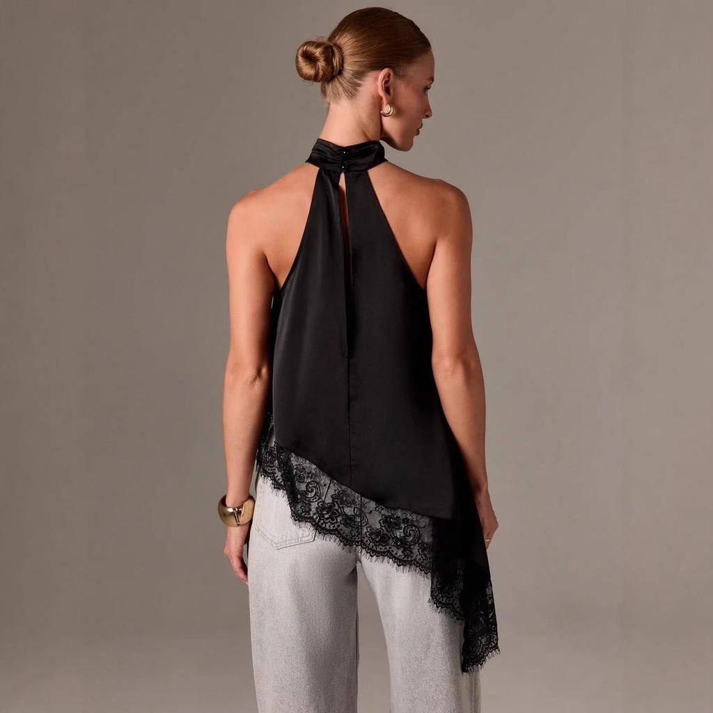 European & American Women's Summer Satin Halter Top with Lace Trim
