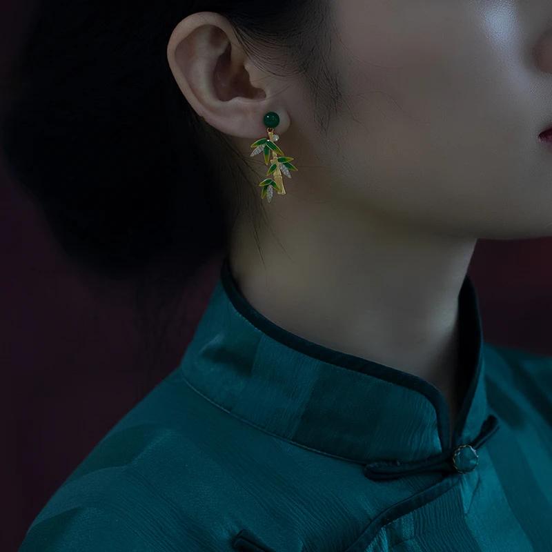 Exquisite Enamel Vintage Chinese Style Eardrop Natural Hetian Jade Green Bamboo Earrings for Women Leaves Hanfu Jewelry