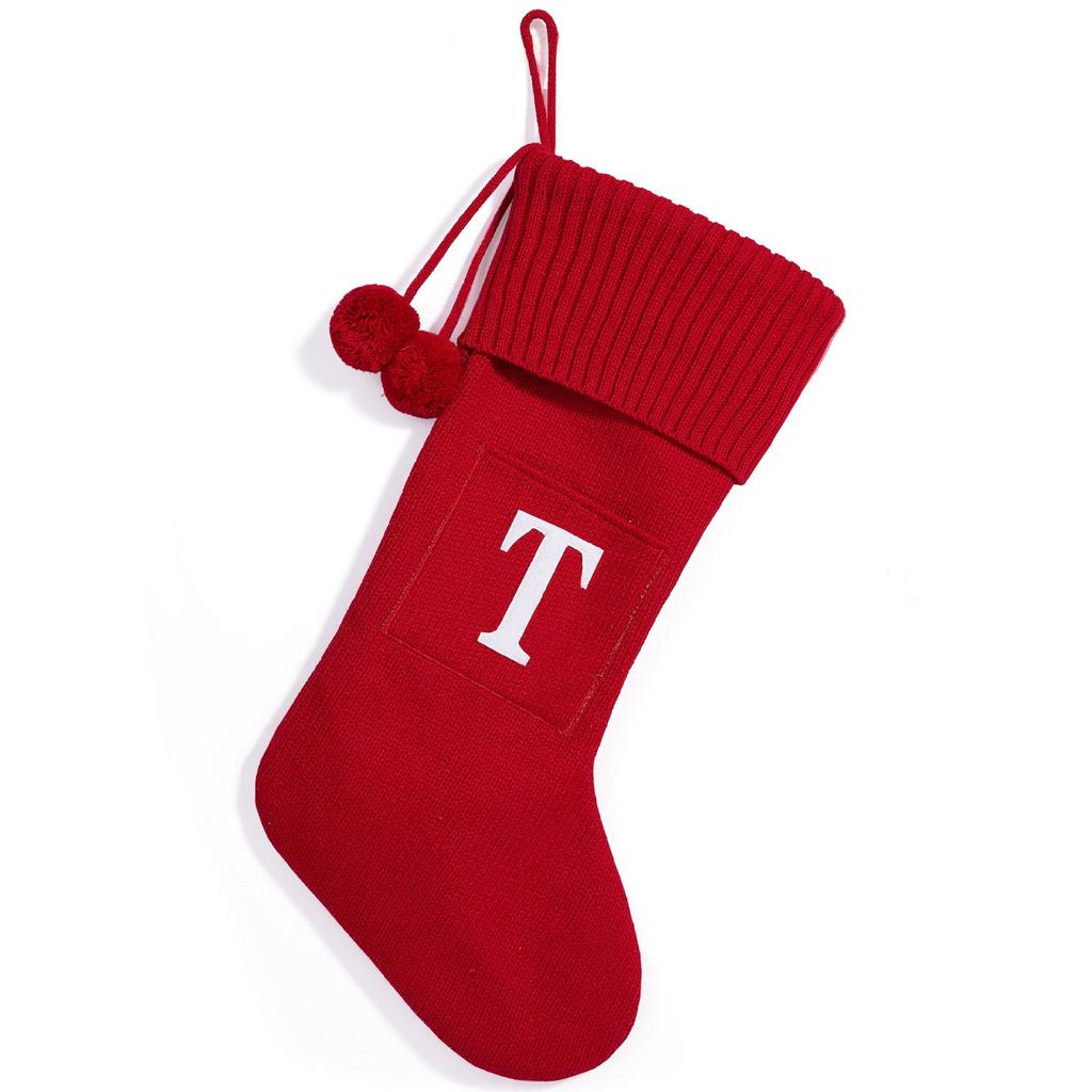 Christmas 26 Large Letter Socks Pendant Decoration Knitted Embroidered Gift Bag (Red) Cute Red Christmas Tree Hanging Sock Decor