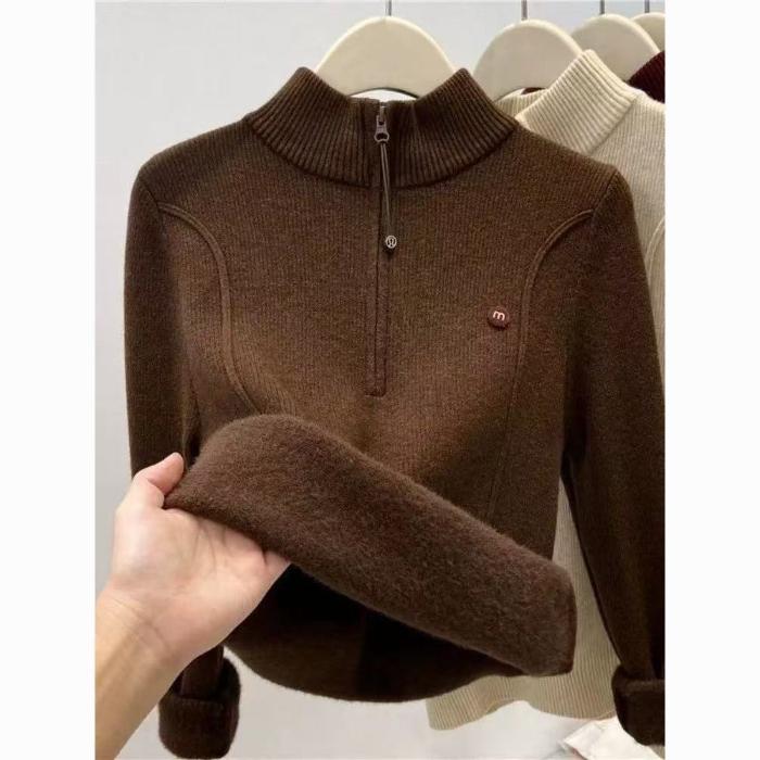 Autumn Winter Women's Thickened Stand Up Collar Sweater Half Open Collar Zipper Velvet Warm High Neck Pullover