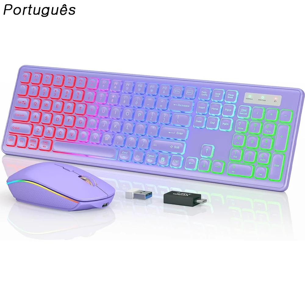 2,4 G kabellose Tastatur-Maus-Kombination, RGB-Hintergrundbeleuchtung, wiederaufladbar, ergonomische kabellose Typ-C-Tastatur in voller Größe