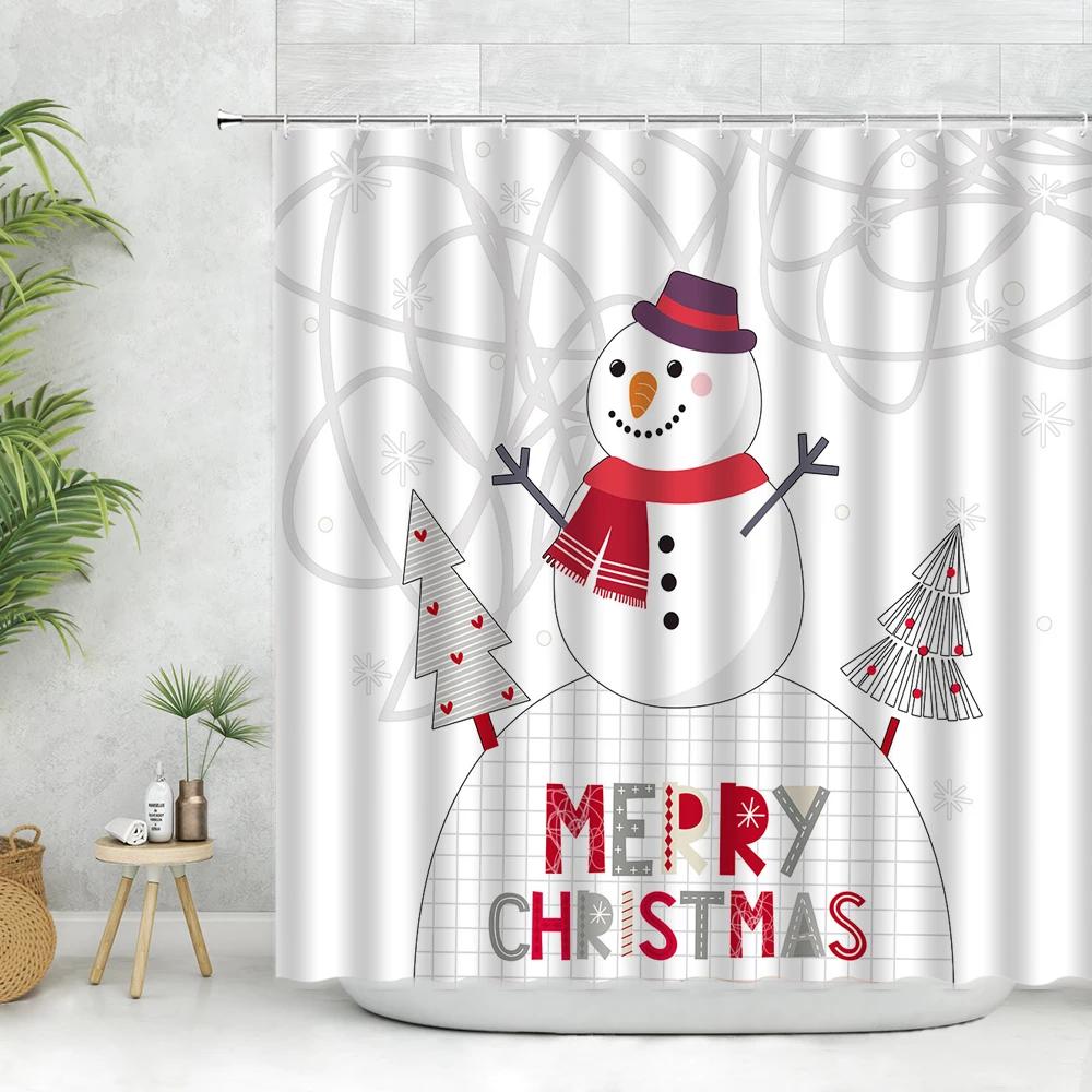 Cartoon Snowflake Snowman Shower Curtains Set Merry Christmas Deer Pine Tree Santa Claus New Year Bathroom Decor Fabric Curtains