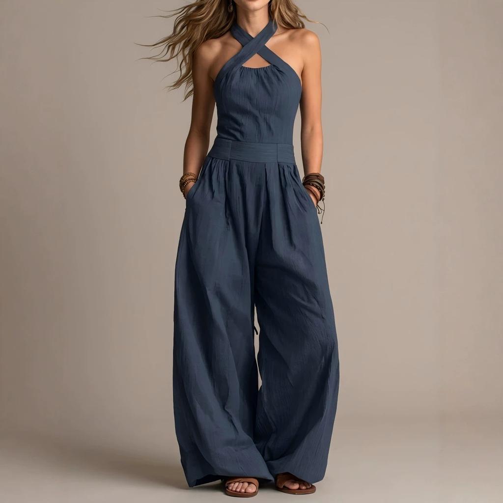 2026 summer new neck cross jumpsuit, European and American style waist back wide-leg pants, cross-border women's clothing